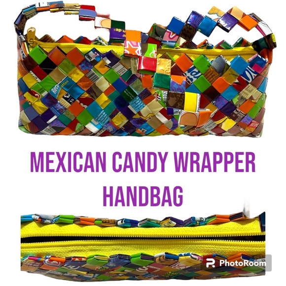 VIBRANT colourful Mexican artisan candy wrapper foil handbag with zipper closure - Picture 3 of 16